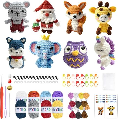 Ploomi 8Pcs Crochet Kit for Beginners - 2026 ChristmasKnitting Kit for Adults and Kids Beginners -Woobles Crochet Kit and Crochet Animals Kits with Easy Peasy Yarn and Step-by-Step Video Tutorials in Saudi Arabia