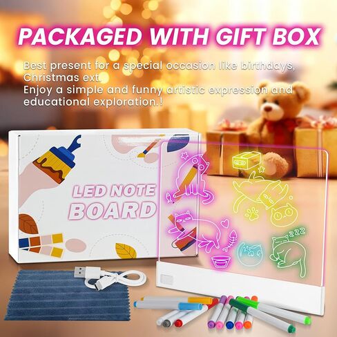 LED Note Board,13.7"x10" Lumiboard LED Drawing Board for Kids, 4 Modes & 7 Colors Acrylic Rechargeable Dry Erase Board with Light, Stand and 12 Markers for Home, Office, Birthday and Christmas Gifts in Saudi Arabia