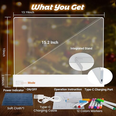 LED Note Board,13.7"x10" Lumiboard LED Drawing Board for Kids, 4 Modes & 7 Colors Acrylic Rechargeable Dry Erase Board with Light, Stand and 12 Markers for Home, Office, Birthday and Christmas Gifts in Saudi Arabia