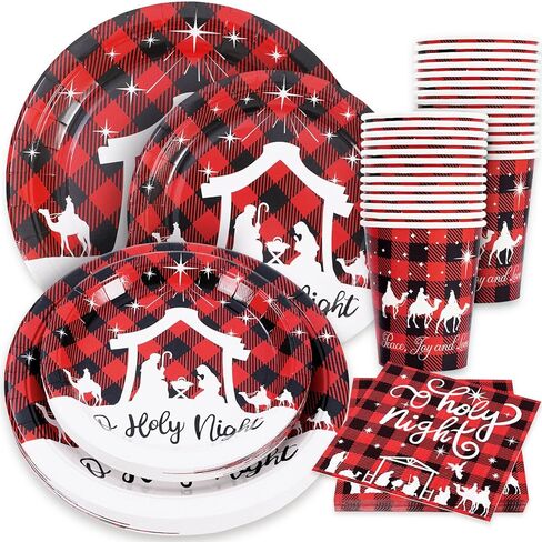 Whaline 100Pcs Christmas Tableware Set Jesus Holy Night Disposable Paper Plates Napkins Cups Xmas Red Black Buffalo Plaid Dinnerware Set Serves 25 Guests for Christmas Baptism Party Supplies in Saudi Arabia