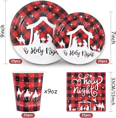 Whaline 100Pcs Christmas Tableware Set Jesus Holy Night Disposable Paper Plates Napkins Cups Xmas Red Black Buffalo Plaid Dinnerware Set Serves 25 Guests for Christmas Baptism Party Supplies in Saudi Arabia