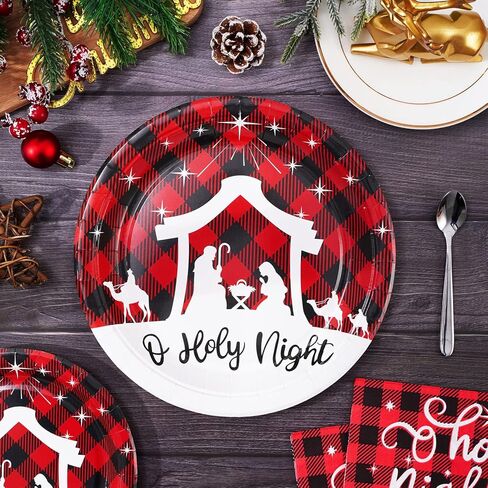 Whaline 100Pcs Christmas Tableware Set Jesus Holy Night Disposable Paper Plates Napkins Cups Xmas Red Black Buffalo Plaid Dinnerware Set Serves 25 Guests for Christmas Baptism Party Supplies in Saudi Arabia