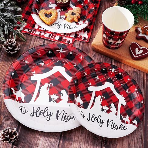 Whaline 100Pcs Christmas Tableware Set Jesus Holy Night Disposable Paper Plates Napkins Cups Xmas Red Black Buffalo Plaid Dinnerware Set Serves 25 Guests for Christmas Baptism Party Supplies in Saudi Arabia