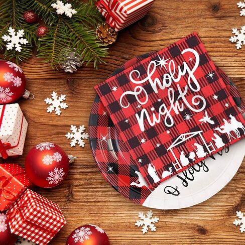 Whaline 100Pcs Christmas Tableware Set Jesus Holy Night Disposable Paper Plates Napkins Cups Xmas Red Black Buffalo Plaid Dinnerware Set Serves 25 Guests for Christmas Baptism Party Supplies in Saudi Arabia