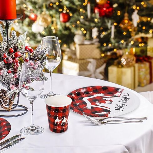 Whaline 100Pcs Christmas Tableware Set Jesus Holy Night Disposable Paper Plates Napkins Cups Xmas Red Black Buffalo Plaid Dinnerware Set Serves 25 Guests for Christmas Baptism Party Supplies in Saudi Arabia