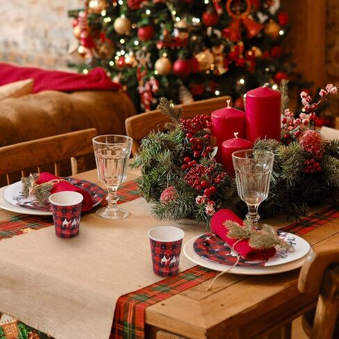 Whaline 100Pcs Christmas Tableware Set Jesus Holy Night Disposable Paper Plates Napkins Cups Xmas Red Black Buffalo Plaid Dinnerware Set Serves 25 Guests for Christmas Baptism Party Supplies in Saudi Arabia