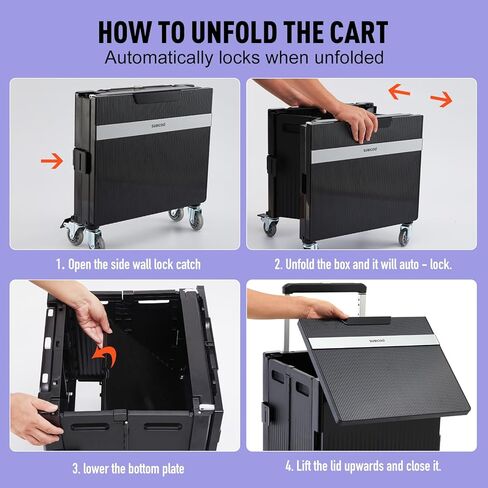 Folding Utility Cart Portable Rolling Crate Handcart Shopping Trolley Collapsible Tool Box, with Lid, on Rotate Wheels, for Grocery, Shopping, Office, Teacher, Camp,File (Black) in Saudi Arabia