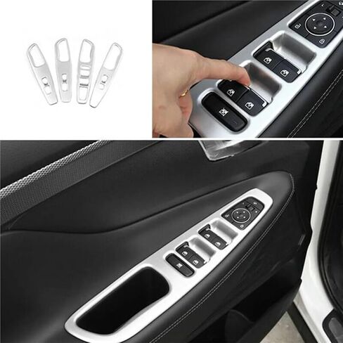 متوافق مع Hyundai Santa Fe 2019-2021 غطاء زر رفع النافذة الفضي إطار لوحة مسند الذراع (أسود) in Kuwait