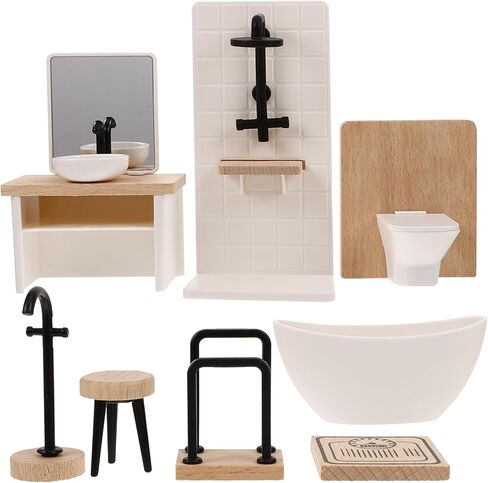 Dollhouse Bathroom Set Mini Shower Room: Bathtub, Toilet, Towel Rack, Sink with Mirror and Washbasin, 1 12 Scale Dollhouse Furniture and Accessories Set in Kuwait