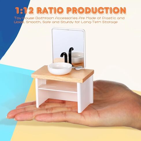 Dollhouse Bathroom Set Mini Shower Room: Bathtub, Toilet, Towel Rack, Sink with Mirror and Washbasin, 1 12 Scale Dollhouse Furniture and Accessories Set in Kuwait