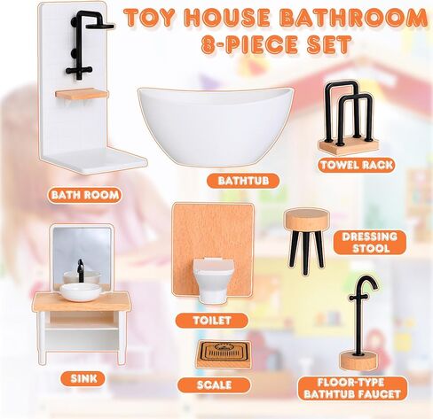 Dollhouse Bathroom Set Mini Shower Room: Bathtub, Toilet, Towel Rack, Sink with Mirror and Washbasin, 1 12 Scale Dollhouse Furniture and Accessories Set in Kuwait