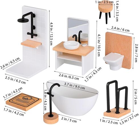 Dollhouse Bathroom Set Mini Shower Room: Bathtub, Toilet, Towel Rack, Sink with Mirror and Washbasin, 1 12 Scale Dollhouse Furniture and Accessories Set in Kuwait