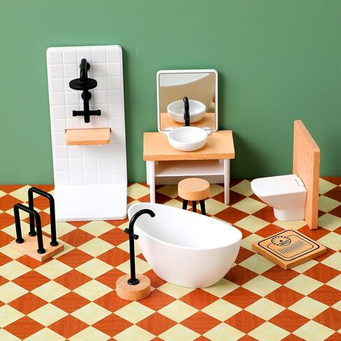 Dollhouse Bathroom Set Mini Shower Room: Bathtub, Toilet, Towel Rack, Sink with Mirror and Washbasin, 1 12 Scale Dollhouse Furniture and Accessories Set in Kuwait