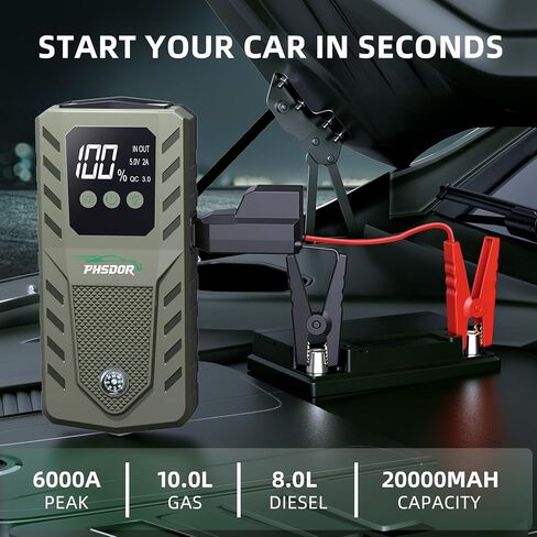 6000A Car Battery Jump Starter, 20000mAh Battery Jumper Starter Portable (10L Gas/8L Diesel), 12V Car Jumper Starter Portable, Jump Box Jump Pack with 3 Modes Flashlight in Saudi Arabia