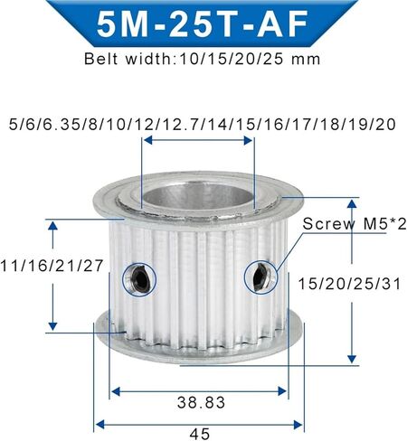 5M 25T Aluminum Pulley Circular Tooth Inner Bore 6/6.35/8/-20mm Width 15mm1Pcs(18x6x2.8 mm) in Saudi Arabia