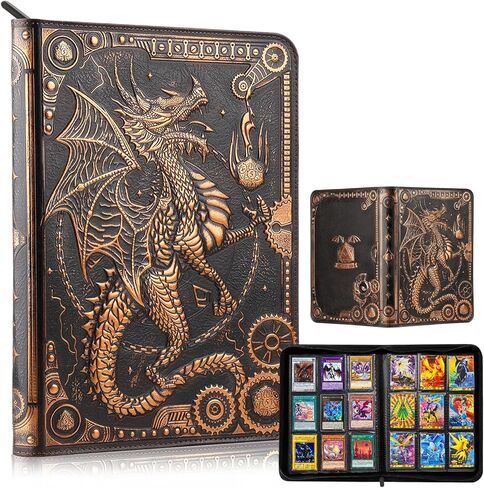 Card Binder 9 Pocket, 3D PU Leather Album with Zipper, 360 Side Loading Pockets for TCG, MTG, Lorcana, Other Collectible Cards, Trading Card Game Protective Folder Album(Golden Cyan) in Saudi Arabia