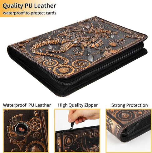Card Binder 9 Pocket, 3D PU Leather Album with Zipper, 360 Side Loading Pockets for TCG, MTG, Lorcana, Other Collectible Cards, Trading Card Game Protective Folder Album(Golden Cyan) in Saudi Arabia