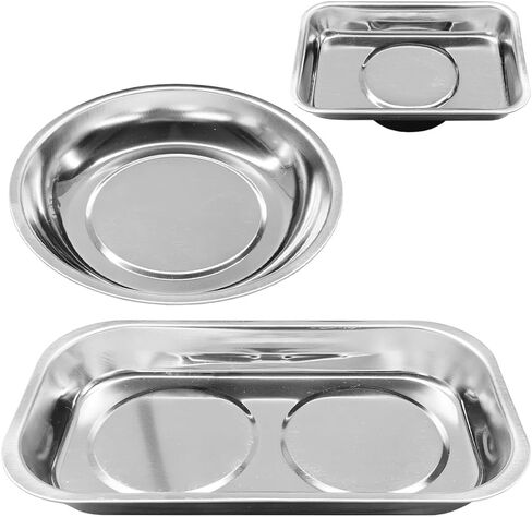 3PCS Magnetic Tray Holder, Stainless Steel Extra Strong Magnetic Bowl Parts Tray Set for Screws, Nuts, Bolts, Sockets, Pins – Mechanic Tool Metal Parts Organizer for Automotive Repair(Round&Rectangle) in Saudi Arabia