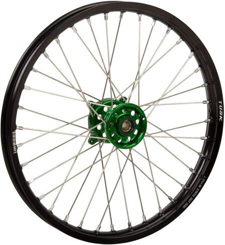 عجلة Tusk Impact كاملة - أمامية 21 × 1.60 حافة سوداء/قضبان فضية/محور أخضر لـ Kawasaki KX250F 2004-2018 in Saudi Arabia