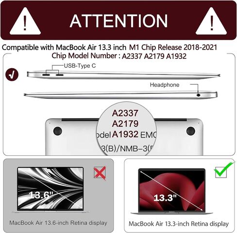 حافظة Anban متوافقة مع جهاز MacBook Air 13 بوصة M1 2021 2020 2019 2018 A2337 A2179 A1932 Touch ID، هيكل صلب من البلاستيك غير اللامع + 2 غطاء لوحة مفاتيح + واقي شاشة لجهاز MacBook Air 13.3 بوصة، أحمر مارسالا in Saudi Arabia