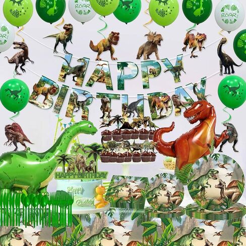 Dinosaur birthday party supplies decoraciones de estilo dinosaurio incluyen incluye platos de dinosaurio, , servilletas, pancartas, cubiertos, in Saudi Arabia