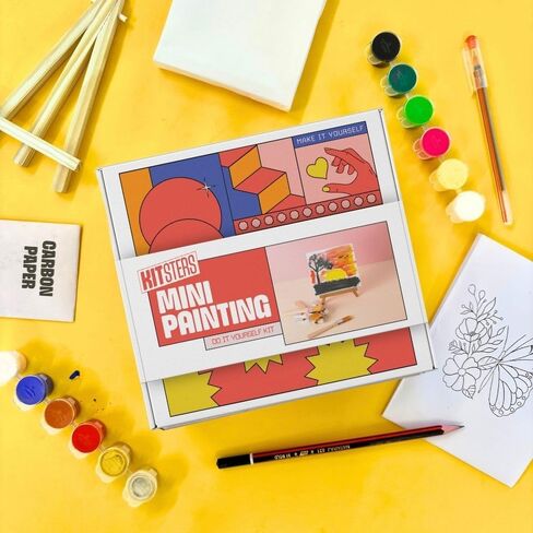 مجموعة طلاء صغيرة DIY من KITSTERS، حامل حامل خشبي، لوحة قماشية مطبوعة، دهانات وفرش، ديكور الغرفة، الفن والحرف اليدوية، نشاط ممتع للأطفال، تتضمن ورشة عمل فيديو مفصلة in Kuwait