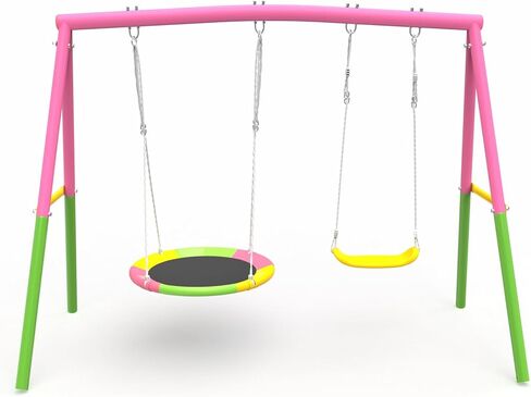 مجموعات أرجوحة للفناء الخلفي مع منزلق 440 رطلًا من المعدن الثقيل على شكل حرف A للأطفال في الهواء الطلق مع 1 صحن سوينغ 1 حزام أرجوحة in Kuwait