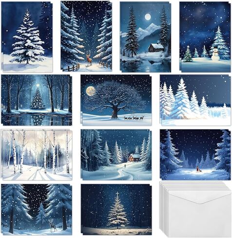 24 Pack Winter Forest Xmas Cards with Envelopes Christmas Tree Winter Forest Holiday Cards Xmas Moonlight Greeting Card Silent Night Blank Card for Adults Friends Family Birthday Christmas Gift in Saudi Arabia