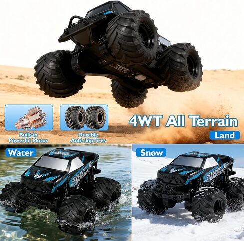 1:24 Waterproof Monster Truck Toys RC Cars: Amphibious Remote Control Car Trucks 4WD All Terrain Off-Road Pickup Toy for 6 7 8 9 10 11 12 Year Old Boys Girls Kids Gifts Presents Blue in Saudi Arabia