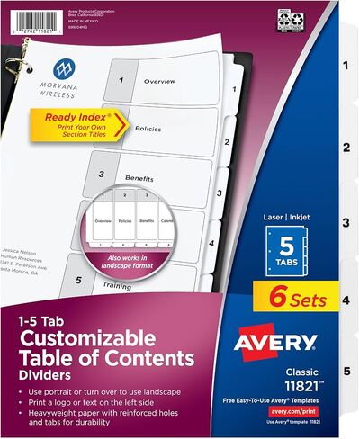 Avery 5 Tab Dividers for 3 Ring Binders, Customizable Table of Contents, Classic White Tabs, 1 Set (11130) in Kuwait