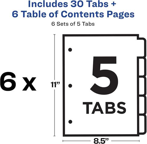 Avery 5 Tab Dividers for 3 Ring Binders, Customizable Table of Contents, Classic White Tabs, 1 Set (11130) in Kuwait