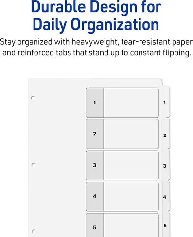 Avery 5 Tab Dividers for 3 Ring Binders, Customizable Table of Contents, Classic White Tabs, 1 Set (11130) in Kuwait