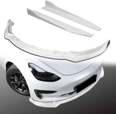 Q1-TECH, 5-Piece Front Bumper Lip + Side Skirt Rocker Winglet Canard Diffuser Wing Compatible with 2017 2018 2019 2020 2021 2022 2023 Tesla Model 3, Front Lip Spoiler Splitter ABS (Painted White) in Saudi Arabia