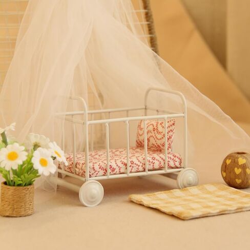 Funky Mini House Miniature Dollhouse Furniture Doll Bed 1:12 Scale Mini Iron Crib with Wheel+ Fabric Bedding(Slidable Gliding) for Dollhouse Decor Christmas/Birthday Gift in Saudi Arabia