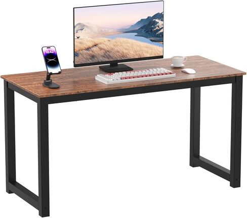 Decoholic 55 Inch Computer Desk, Home & Office PC Laptop Study Writing Table Workstation with Leg Bars, Modern Simple Industrial Style, Rustic Brown in Saudi Arabia