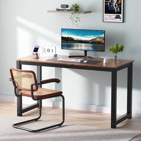 Decoholic 55 Inch Computer Desk, Home & Office PC Laptop Study Writing Table Workstation with Leg Bars, Modern Simple Industrial Style, Rustic Brown in Saudi Arabia