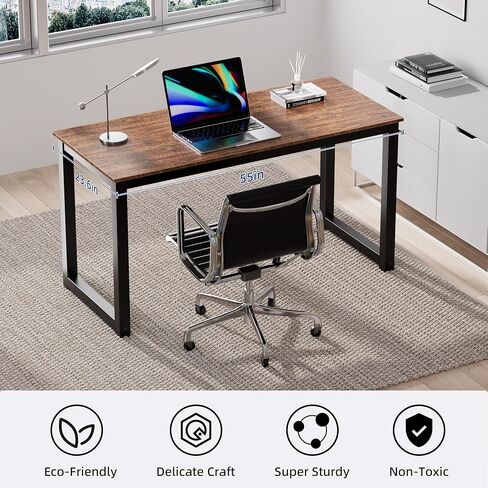 Decoholic 55 Inch Computer Desk, Home & Office PC Laptop Study Writing Table Workstation with Leg Bars, Modern Simple Industrial Style, Rustic Brown in Saudi Arabia