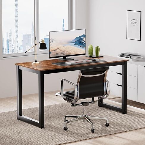Decoholic 55 Inch Computer Desk, Home & Office PC Laptop Study Writing Table Workstation with Leg Bars, Modern Simple Industrial Style, Rustic Brown in Saudi Arabia