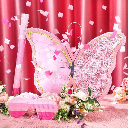 مجموعة Zhanmai الصغيرة على شكل فراشة عباد الشمس Piñata Girl تتضمن 15.4 × 11.3 × 2 بوصة عصا الخفافيش Piñata الوردي وقناع معصوب العينين للفتيات لوازم حفلات أعياد الميلاد (فراشة) in Kuwait