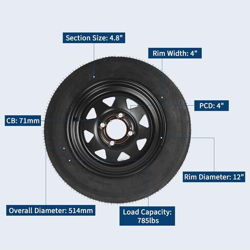 قطعتان من مجموعات إطارات وعجلات المقطورة ST175/80D13، حواف سوداء مقاس 13 بوصة - نطاق تحميل 6PR C - تصميم مسمار 5 العروات 4.5 بوصة - عالي التحمل، مناسب لجميع الأحوال الجوية، سهل التجميع - المرافق، القارب، مقطورات التخييم in Saudi Arabia