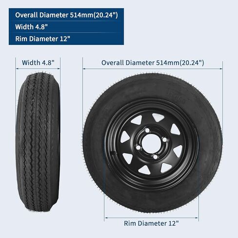 قطعتان من مجموعات إطارات وعجلات المقطورة ST175/80D13، حواف سوداء مقاس 13 بوصة - نطاق تحميل 6PR C - تصميم مسمار 5 العروات 4.5 بوصة - عالي التحمل، مناسب لجميع الأحوال الجوية، سهل التجميع - المرافق، القارب، مقطورات التخييم in Saudi Arabia