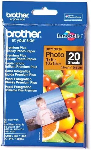 ورق صور Brother BP71GP20، 6 بوصة × 4 بوصة، بريميوم بلس لامع، 15 سم (عرض) × 10 سم (طول)، 20 ورقة، مستلزمات Brother الأصلية، أبيض in Saudi Arabia