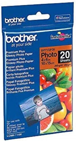 ورق صور Brother BP71GP20، 6 بوصة × 4 بوصة، بريميوم بلس لامع، 15 سم (عرض) × 10 سم (طول)، 20 ورقة، مستلزمات Brother الأصلية، أبيض in Saudi Arabia