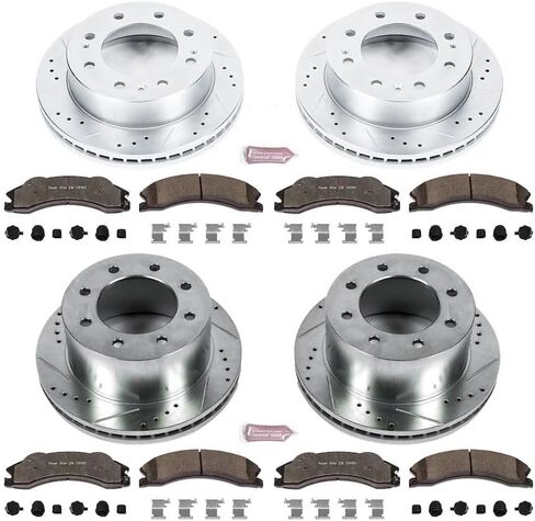طقم فرامل أمامية وخلفية Power Stop لسيارة شيفروليه سيلفرادو 3500 HD 2011 GMC Sierra 3500 HD - شاحنة وسحب وسادات فرامل سيراميك من ألياف الكربون واستبدال الدوارات المحفورة والمشقوقة، K5560-36 in Saudi Arabia