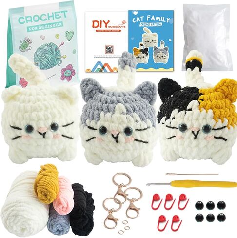 مجموعة Linhao Jew Crochet للمبتدئين - مجموعات الحياكة سلسلة مفاتيح قطط حيوانات لطيفة مع خيوط سهلة البدء مسبقًا، دروس فيديو خطوة بخطوة للبالغين والأطفال الحرف اليدوية (قطة صغيرة) in Kuwait