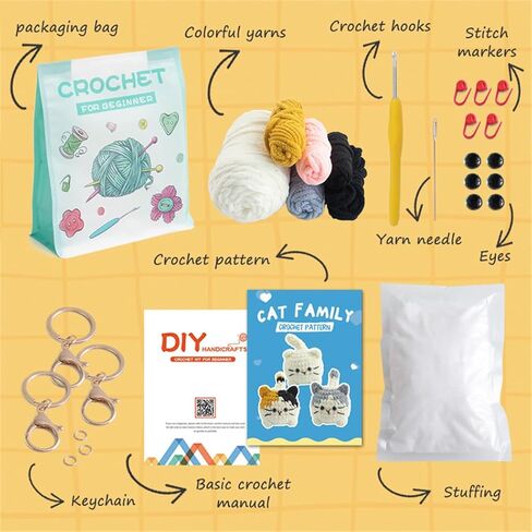 مجموعة Linhao Jew Crochet للمبتدئين - مجموعات الحياكة سلسلة مفاتيح قطط حيوانات لطيفة مع خيوط سهلة البدء مسبقًا، دروس فيديو خطوة بخطوة للبالغين والأطفال الحرف اليدوية (قطة صغيرة) in Kuwait