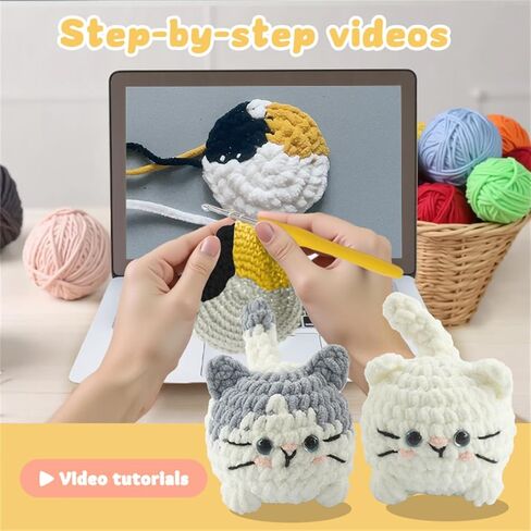 مجموعة Linhao Jew Crochet للمبتدئين - مجموعات الحياكة سلسلة مفاتيح قطط حيوانات لطيفة مع خيوط سهلة البدء مسبقًا، دروس فيديو خطوة بخطوة للبالغين والأطفال الحرف اليدوية (قطة صغيرة) in Kuwait