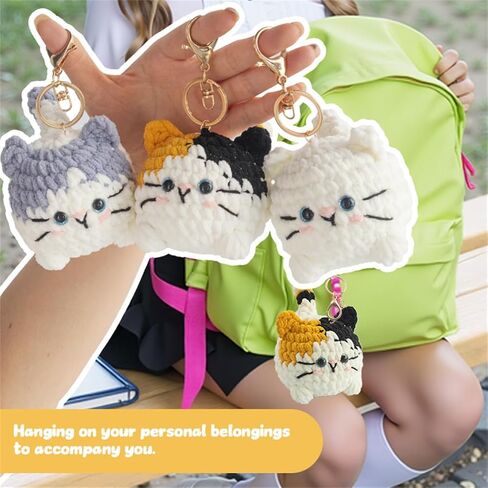 مجموعة Linhao Jew Crochet للمبتدئين - مجموعات الحياكة سلسلة مفاتيح قطط حيوانات لطيفة مع خيوط سهلة البدء مسبقًا، دروس فيديو خطوة بخطوة للبالغين والأطفال الحرف اليدوية (قطة صغيرة) in Kuwait