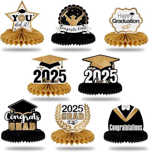 LINGTEER Congrats Grad، فئة 2025 قطع مركزية على شكل قرص العسل لطاولة التخرج - 8 قطع 2025 لافتة ديكورات حفلات التخرج - ذهبي. in Kuwait