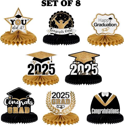 LINGTEER Congrats Grad، فئة 2025 قطع مركزية على شكل قرص العسل لطاولة التخرج - 8 قطع 2025 لافتة ديكورات حفلات التخرج - ذهبي. in Kuwait